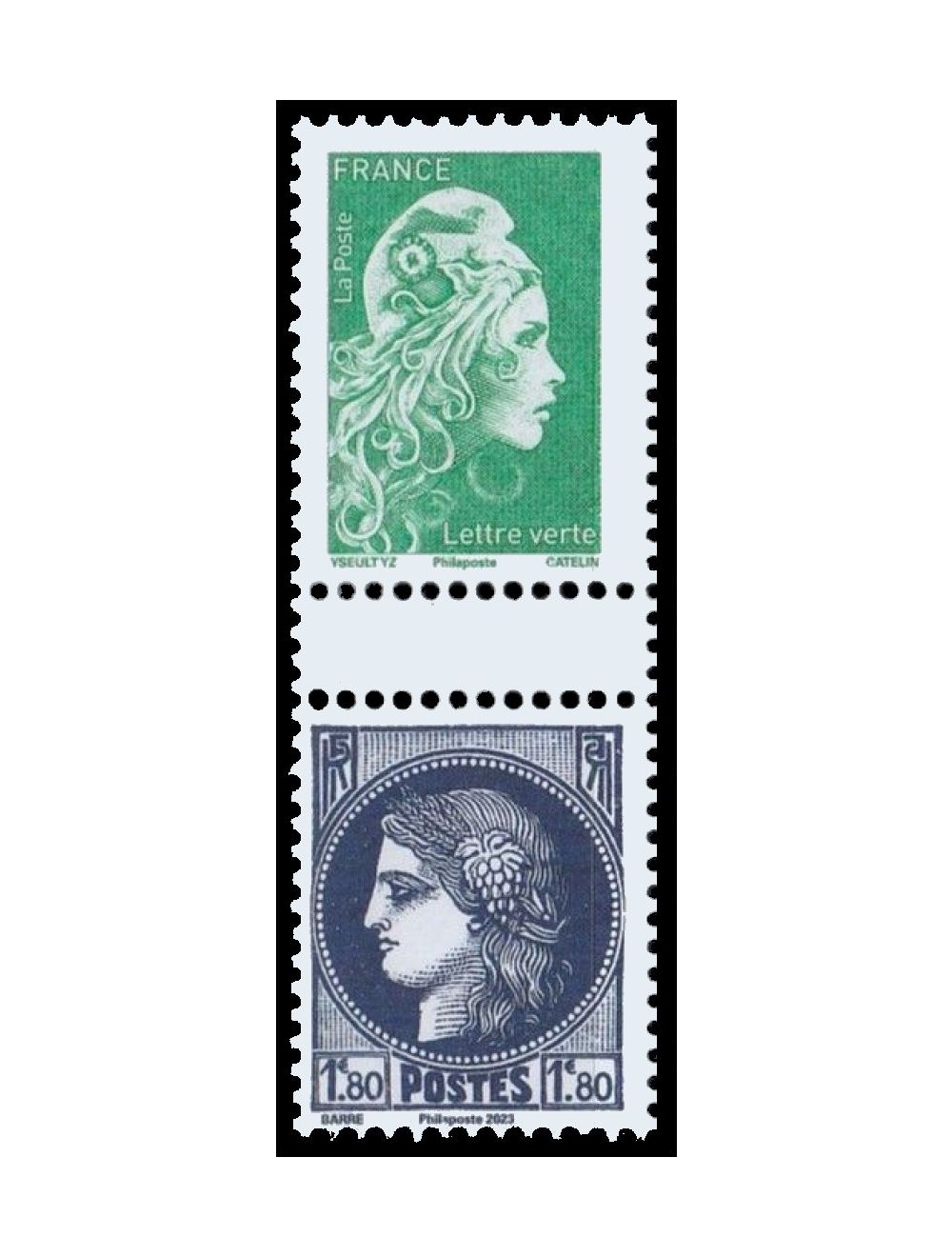 Timbre de collection France - 2023 Paire issue du Carnet 2018 Marianne  L'Engagée - 1938 Type Cérès 85 ans